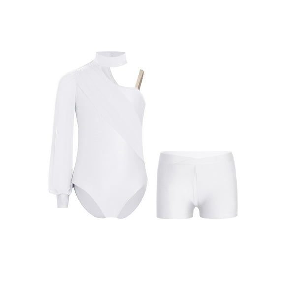 Haitryli Kids Girls Rhythmic Gymnastics Leotard One Shoulder Ruched Mesh Ballet Latin Dance Bodysuit with Shorts Set White 16