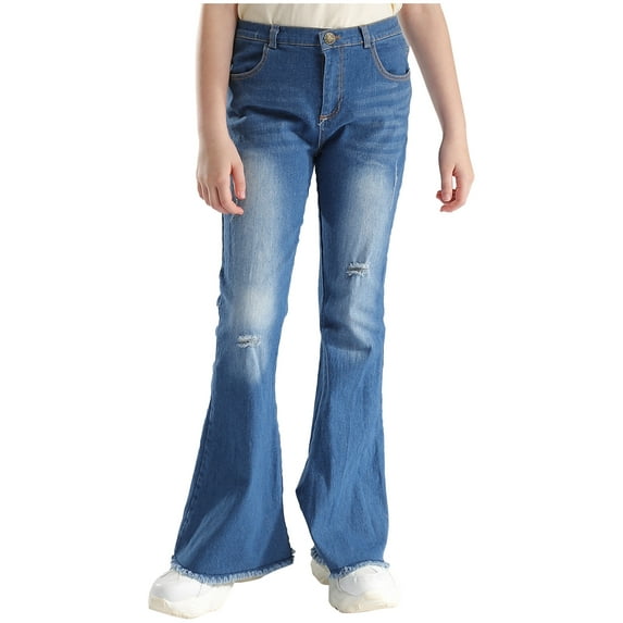 Haitryli Kids Girls Ripped Flare Jeans Bell Bottoms Raw Hem Skinny Denim Pants Summer Casual Jeans Blue 10