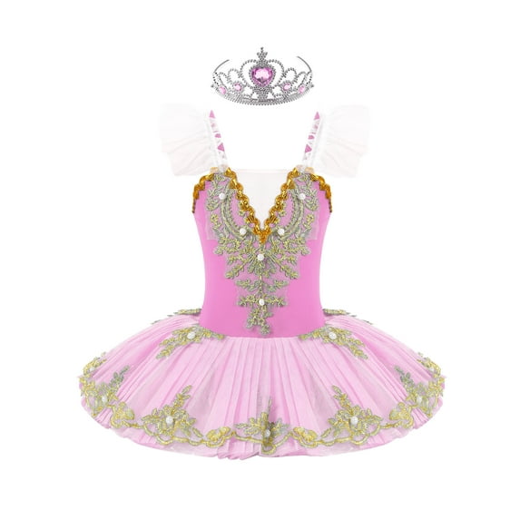Haitryli Kids Girls Sequin Ballet Dance Leotard Tutu Dress Swan Lake Dance Camisole Princess Dancewear with Headwear Type A Pink 8-10