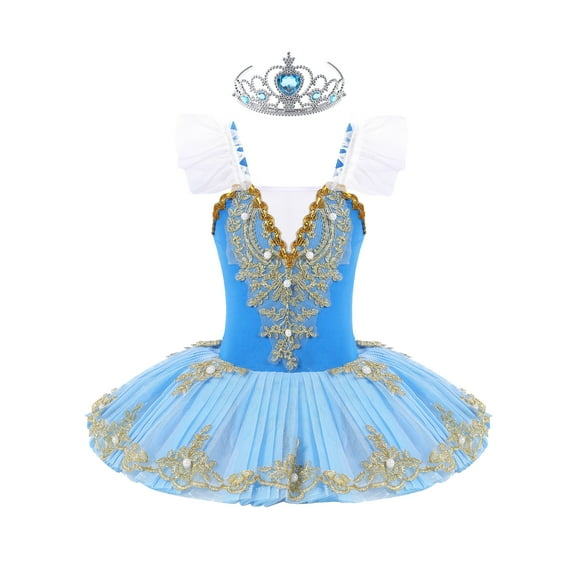 Haitryli Kids Girls Sequin Ballet Dance Leotard Tutu Dress Swan Lake Dance Camisole Princess Dancewear with Headwear Type A Sky Blue 3-4