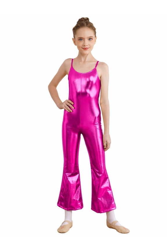 Kids Girls Sequin Dance Jumpsuit 70s Cami Long Unitard with Adjustable Straps Halloween Costume Hot Pink 10