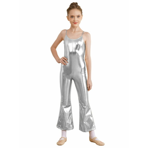 Haitryli Kids Girls Sequin Dance Jumpsuit 70s Cami Long Unitard with Adjustable Straps Halloween Costume Silver 12