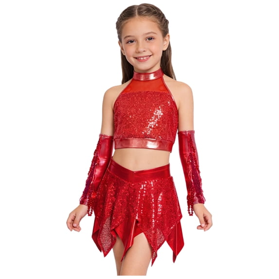 Haitryli Kids Girls Sequin Hip Hop Jazz Dance Outfit Crop Top Skirts with Tassel Sleeves Set for Recital Stage Performance Red 6