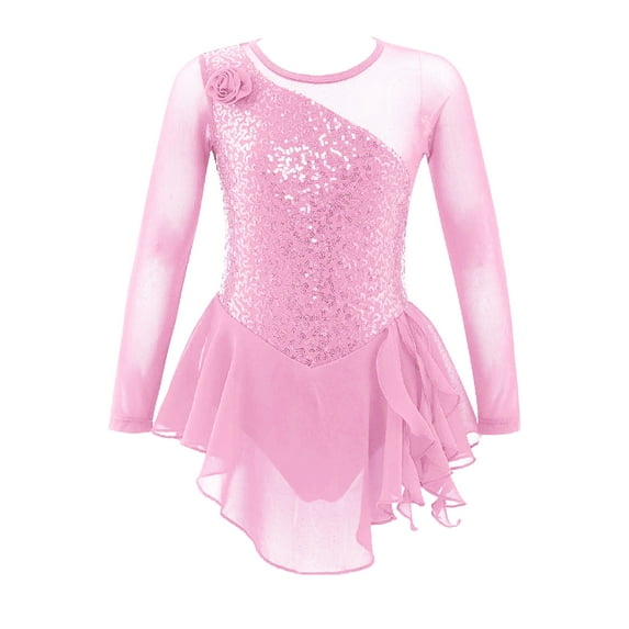 Haitryli Kids Girls Sequin Long Sleeve Dance Ballet Dress Figure Ice Skating Gymnastic Leotard Dancewear Pink 14
