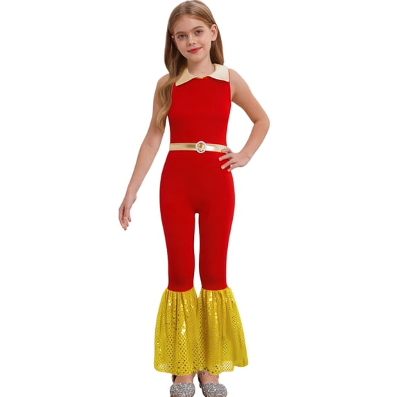 Haitryli Kids Girls Sequin Metallic Bell Bottom Jumpsuit Flare Pants Romper Sleeveless Disco Party Dance One Piece Red 10
