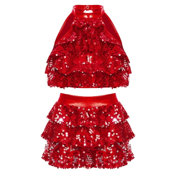 Haitryli Kids Girls Sequin Metallic Crop Top with Skirt Set Jazz Latin Dance Outfits 2 Piece Ballroom Dancewear Red 11-12