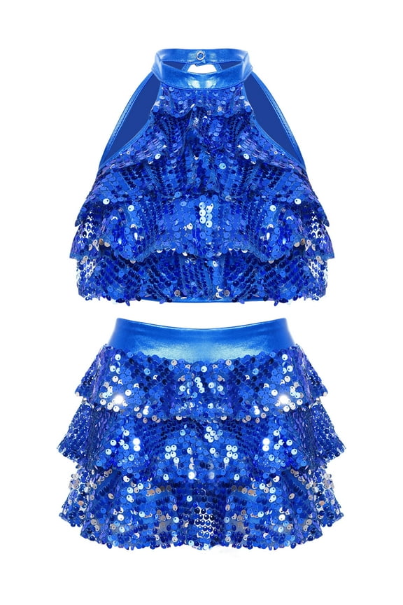 Kids Girls Sequin Metallic Crop Top with Skirt Set Jazz Latin Dance Outfits 2 Piece Ballroom Dancewear Royal Blue 11-12