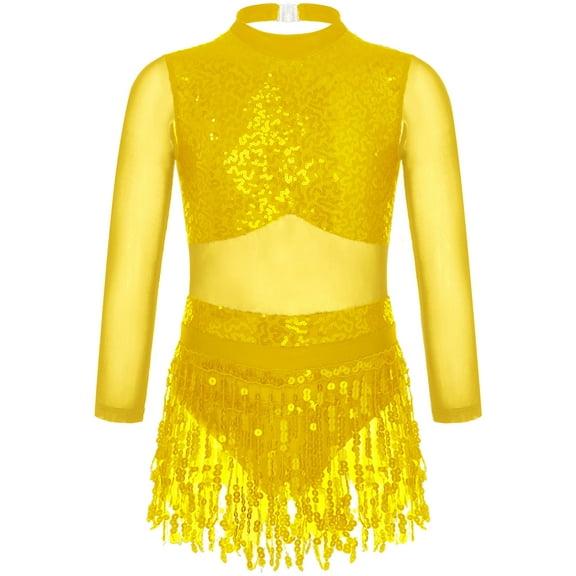 Haitryli Kids Girls Sequin Tassel Latin Dance Dress Long Sleeve Ballroom Salsa Rumba Tango Dancewear Gold 12