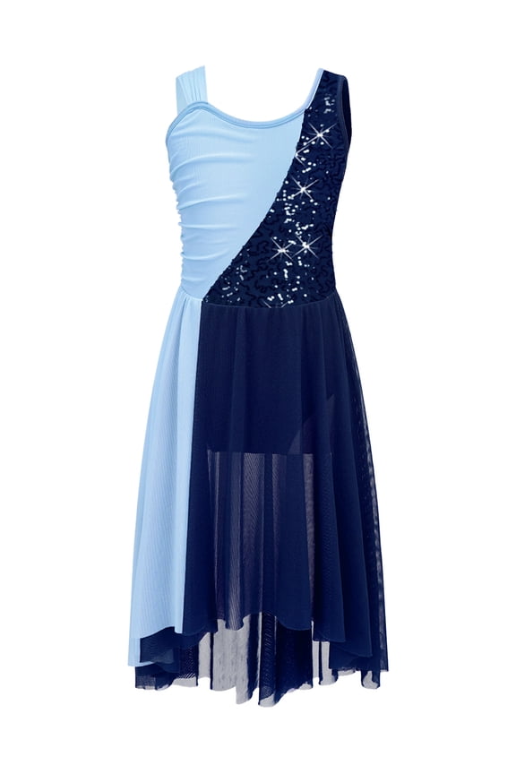 Kids Girls Sequins Ballet Contemporary Lyrical Dance Dress Performance Costume Dancewear Navy Blue 10