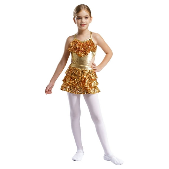 Haitryli Kids Girls Sequins Ballet Dance Dress Tiered Ruffle Sleeveless Cutout Metallic Dress Ballerina Dancewear Gold 12