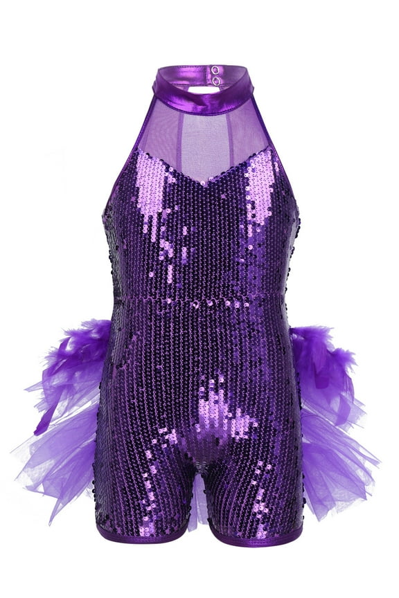 Kids Girls Sequins Ballet Hip-Hop Latin Jazz Dance Tutu Dress Leotard Stage Performance Costume Purple 5