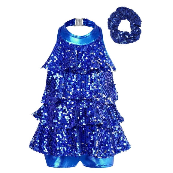 Haitryli Kids Girls Sequin Ballroom Modern Jazz Latin Ballet Dance Dress Leotard with Hair Scrunchie Dancewear Royal Blue-A 8