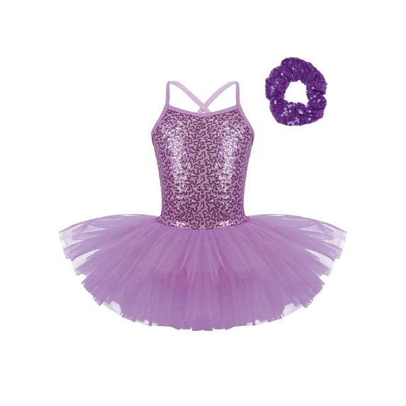 Haitryli Kids Girls Sequins Ballet Tutu Jazz Latin Dance Dress with Hair Scrunchie Ballroom Dancewear Purple 3-4
