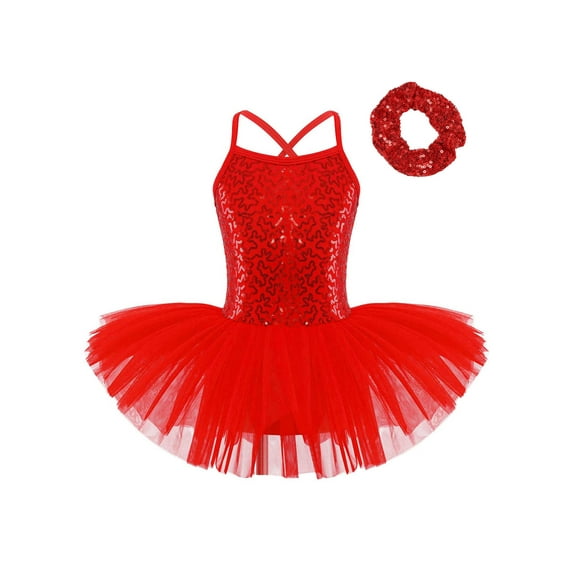 Haitryli Kids Girls Sequins Ballet Tutu Jazz Latin Dance Dress with Hair Scrunchie Ballroom Dancewear Red 4-5