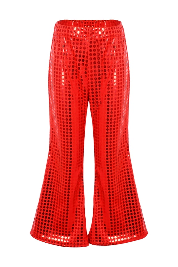 Kids Girls Sequins Bell-Bottom Flare Pants Jazz Hip Hop Street Disco Modern Dance Trousers Red 7-8