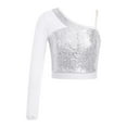 thumbnail image 1 of Haitryli Kids Girls Sequins Dance Crop Top One Shoulder Mesh Long Sleeve Hip-hop Jazz Tap Dancewear Silver 16, 1 of 5