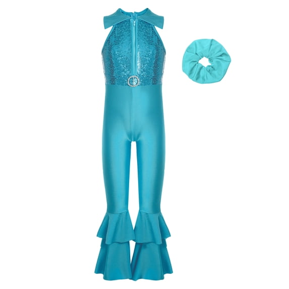Haitryli Kids Girls Sequins Full Body Tank Unitard Gymnastics Leotard Hippie Disco Dance Jumpsuit with Hair Tie Set Blue 10