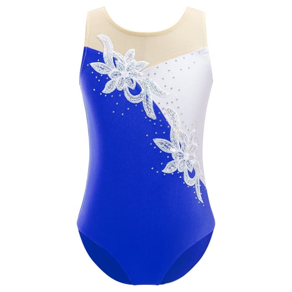 Haitryli Kids Girls Sequins Rhinestones Ballet Dance Gymnastics Leotard One Piece Bodysuit Dancewear Royal Blue 16
