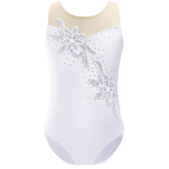 Haitryli Kids Girls Sequins Rhinestones Ballet Dance Gymnastics Leotard One Piece Bodysuit Dancewear White 16
