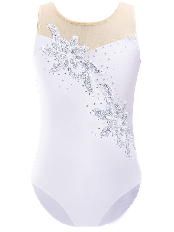 Kids Girls Sequins Rhinestones Ballet Dance Gymnastics Leotard One Piece Bodysuit Dancewear White 8