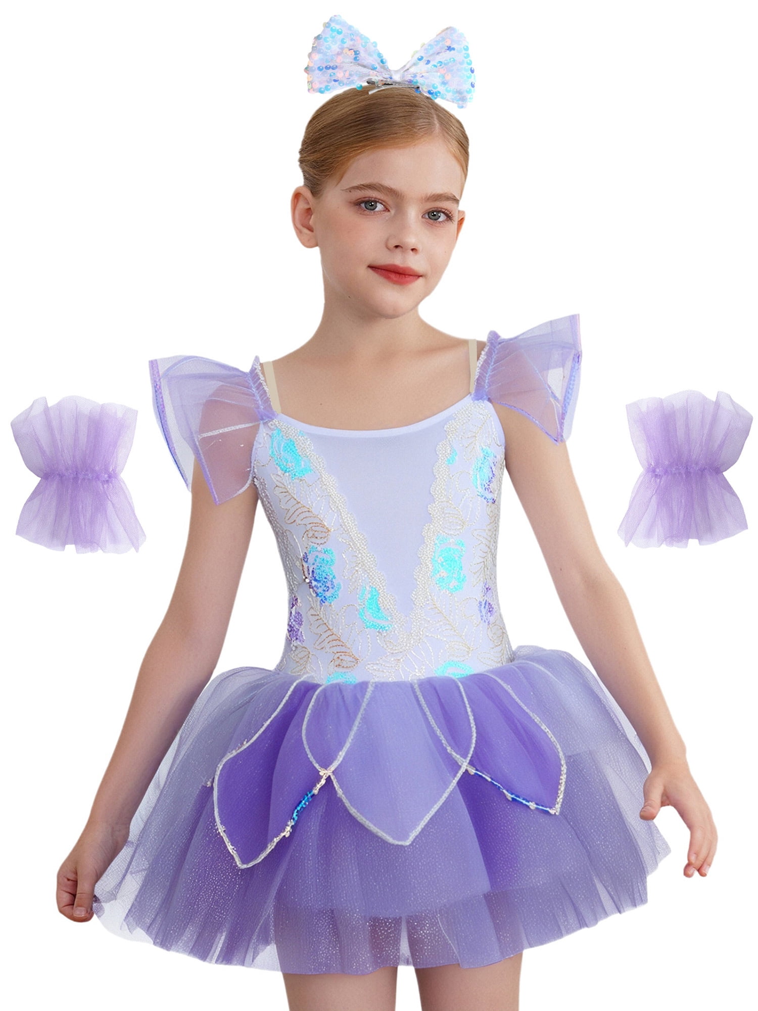 MISS POPULAR Girls Ballet Leotard With Sequins & Tutu - Sparkle Ruffle Sleeves, Light Pink, Size 8