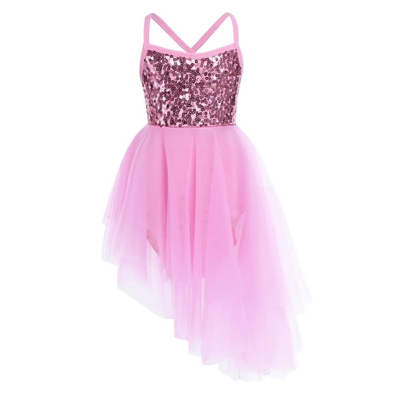 Haitryli Girls Shiny Sequin Gymnastics Ballet Dance Leotard Dresses Ballerina Lyrical Camisole Mesh Tutu Dress Pink 5-6