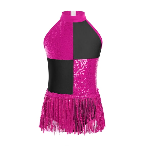 Haitryli Kids Girls Sequins Tassel Hem Latin Dance Dress Leotard Jazz Rumba Samba Ballroom Dancewear Performance Clothes Hot Pink 6