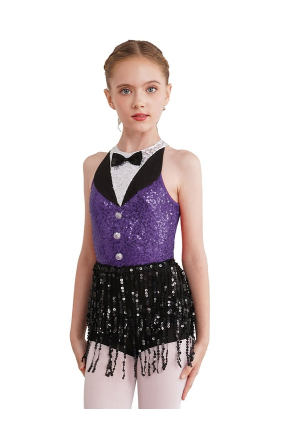 Kids Girls Sequins Tassel Latin Modern Jazz Dance Dress Tuxedo Ballroom Costume Dancewear Purple 16