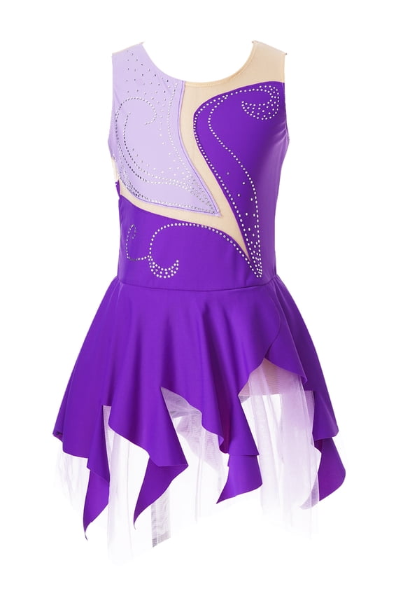 Kids Girls Shiny Ballet Dance Dress Sleeveless Mesh Gymnastic Figure Ice Skating Leotard Dancewear Purple 8