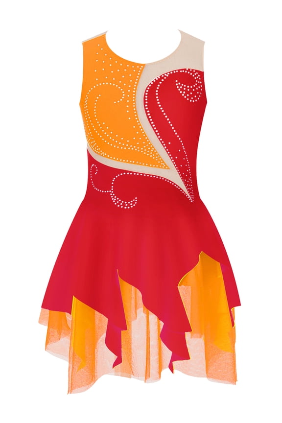 Kids Girls Shiny Ballet Dance Dress Sleeveless Mesh Gymnastic Figure Ice Skating Leotard Dancewear Red 6