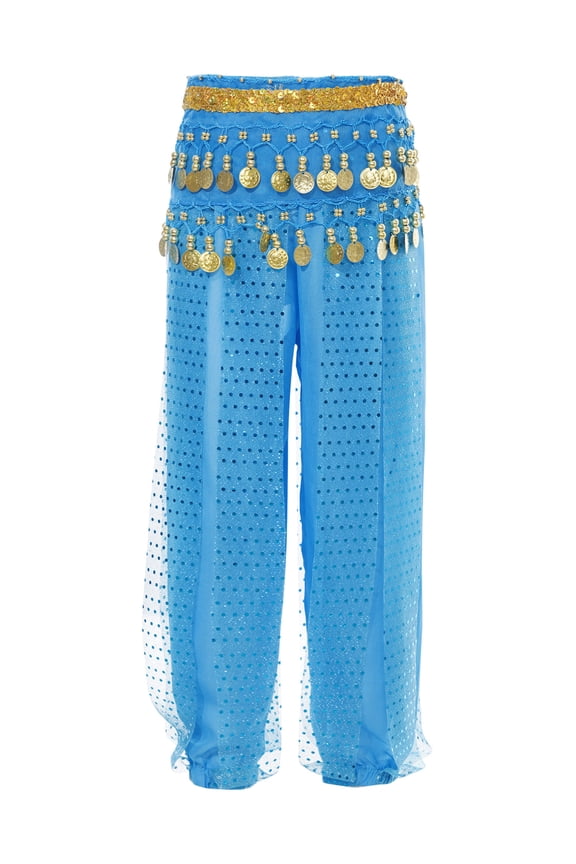 Kids Girls Shiny Belly Dance Harem Pants Tribal Arabic Halloween Party Performance Trousers with Hip Scarf Sky Blue 9-12