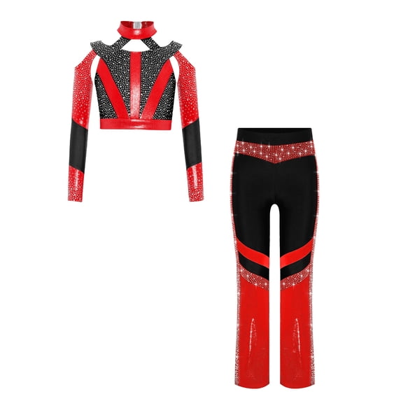 Haitryli Kids Girls Shiny Color Block Cross Back Jazz Hip Hop Latin Ballet Dance Crop Tops with Flared Pants Set Black 14