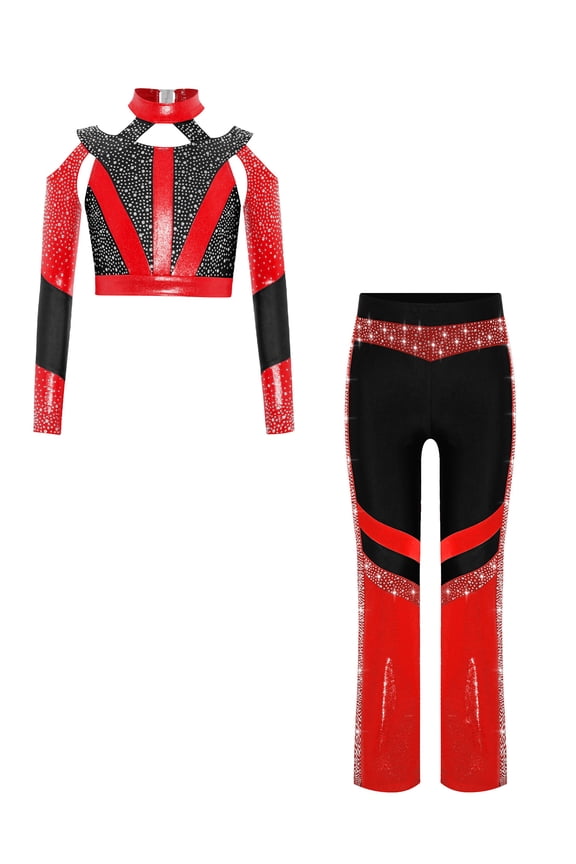 Kids Girls Shiny Color Block Cross Back Jazz Hip Hop Latin Ballet Dance Crop Tops with Flared Pants Set Black 6