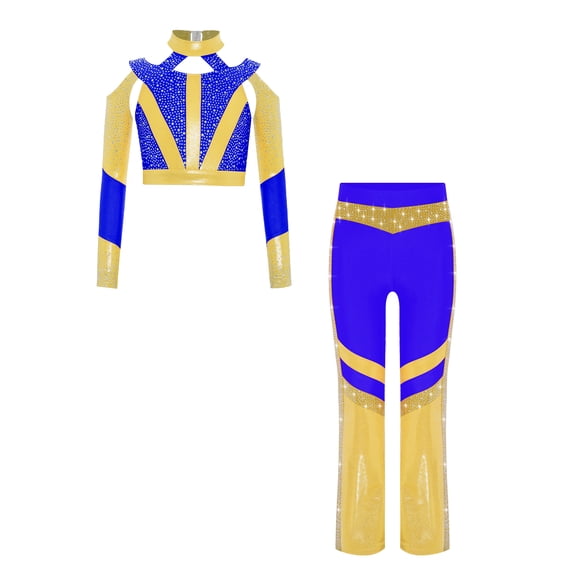 Haitryli Kids Girls Shiny Color Block Cross Back Jazz Hip Hop Latin Ballet Dance Crop Tops with Flared Pants Set Blue 10