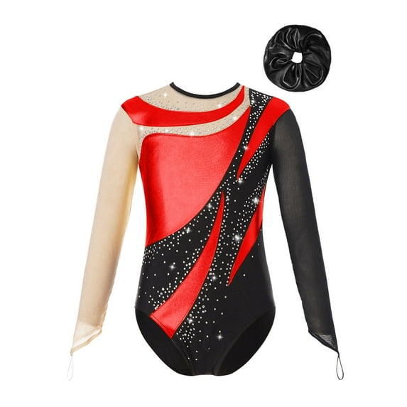 Haitryli Kids Girls Shiny Long Sleeve Gymnastics Dance Leotard Romper Yoga Biketard Unitard with Hair Band Set Red&Black 16