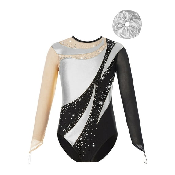 Haitryli Kids Girls Shiny Long Sleeve Gymnastics Dance Leotard Romper Yoga Biketard Unitard with Hair Band Set Silver 12