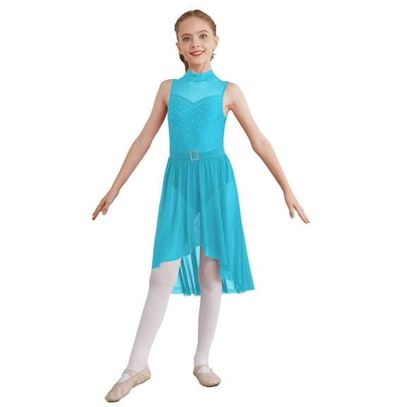 Haitryli Kids Girls Shiny Lyrical Ballet Dance Dress Sleeveless High-Low Leotard Modern Performance Clothes Turquoise 16