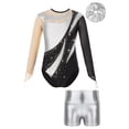 thumbnail image 1 of Haitryli Kids Girls Shiny Mesh Long Sleeve Ballet Dance Gymnastics Leotard with Metallic Shorts Hair Band Silver 10, 1 of 5