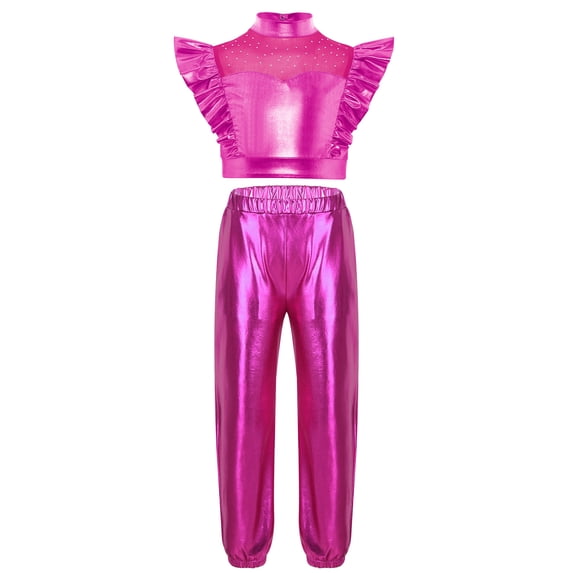 Haitryli Kids Girls Shiny Metallic Jazz Dancewear Sleeveless Mesh Patchwork Crop Top Vest with Pants Set Hot Pink 8
