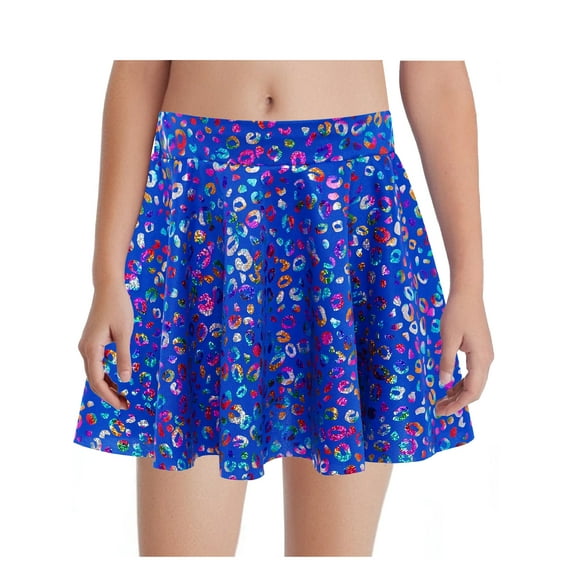 Haitryli Kids Girls Shiny Metallic Leopard Print Skater Skirt Pleated Mini Flared Skirt A Line Skorts Performance Skirt Blue 5-8