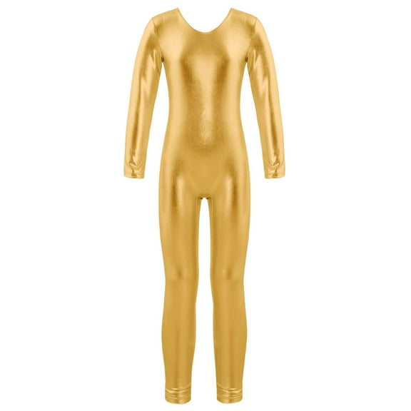 Haitryli Kids Girls Shiny Metallic Long Sleeve Gymnastics Unitard Dance Leotard One Piece Full Body Bodysuits Gold 14