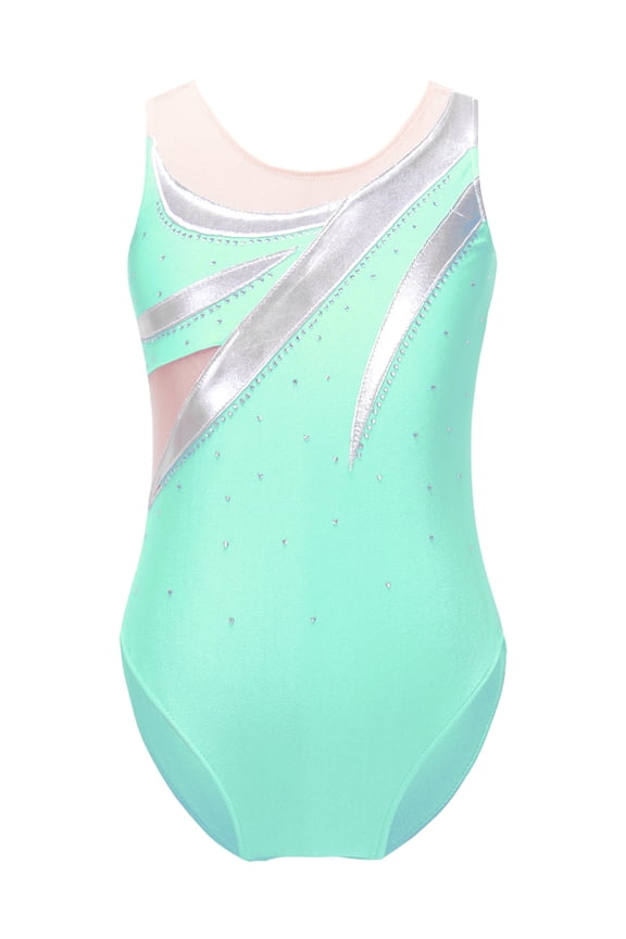 Kids Girls Shiny Rhinestone Gymnastics Leotard Athletic Bodysuit Dance Unitard Tank Biketard Dancewear Lake Green 16