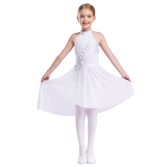 Haitryli Kids Girls Lyrical Dance Dress Ballet Shiny Rhinestones High-Low Skirt Leotards Modern Dance Dress Ivory 8