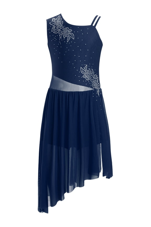 Kids Girls Shiny Rhinestone Lyrical Dance Dress Contemporary Dance Sleeveless Leotard Dress Navy Blue 12