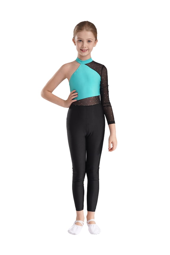 Kids Girls Shiny Rhinestone One Shoulder Gymnastics Leotard Full Body Skating Jumpsuit Dance Bodysuit Unitard Blue Green 8