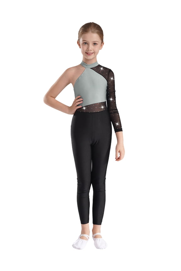 Kids Girls Shiny Rhinestone One Shoulder Gymnastics Leotard Full Body Skating Jumpsuit Dance Bodysuit Unitard Gray 12