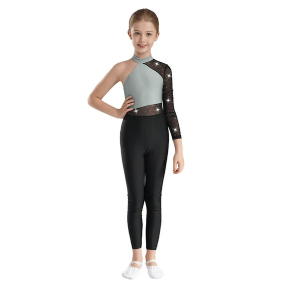 Haitryli Kids Girls Shiny Rhinestone One Shoulder Gymnastics Leotard Full Body Skating Jumpsuit Dance Bodysuit Unitard Gray 8