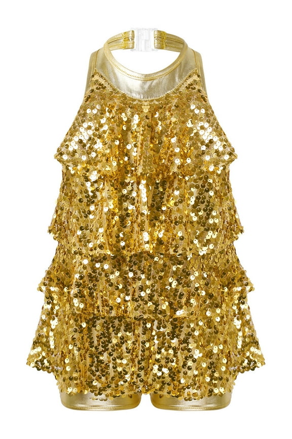 Kids Girls Shiny Sequined Modern Jazz Latin Ballet Dance Dress Leotard Unitard Ballroom Dancewear Gold 4