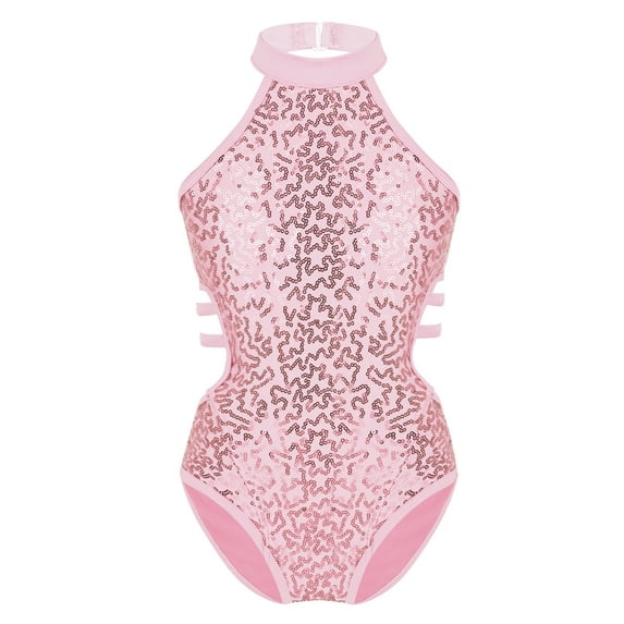 Haitryli Kids Girls Shiny Sequins Gymnastics Leotard Cutouts Back Turtleneck Ballet Leotards Bodysuit Pink 6