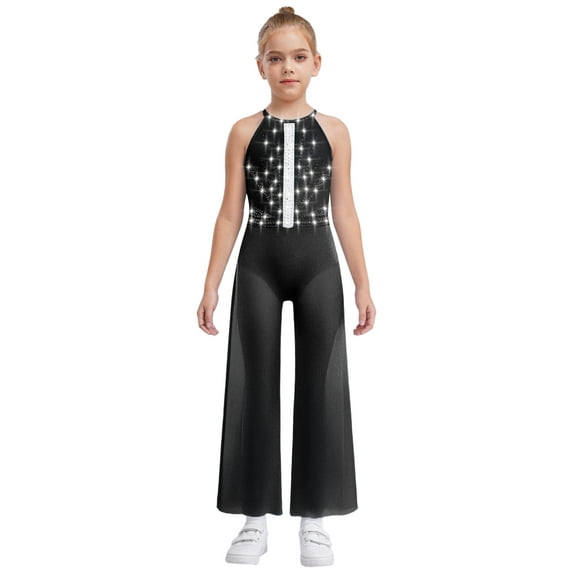 Haitryli Kids Girls Shiny Sleeveless Wide-Leg Jumpsuit Catsuit One Pieces Party Romper Skating Bodysuit Dancewear Black 6